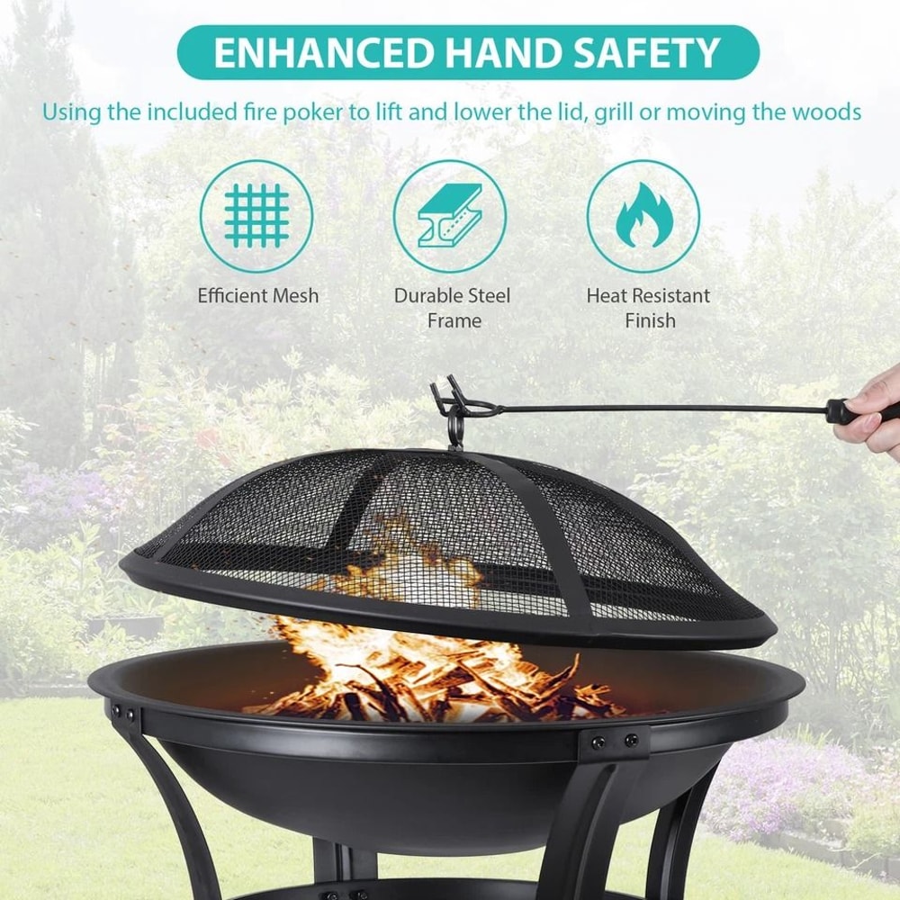 Backyard Fire Pit Outdoor Wood Burning With Mesh Lid Fire Picker Perfect For BBQ Cozy Metal Fire Bo 1