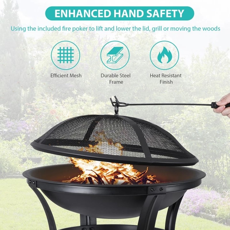 Backyard Fire Pit Outdoor Wood Burning With Mesh Lid Fire Picker Perfect For BBQ Cozy Metal Fire Bo 1