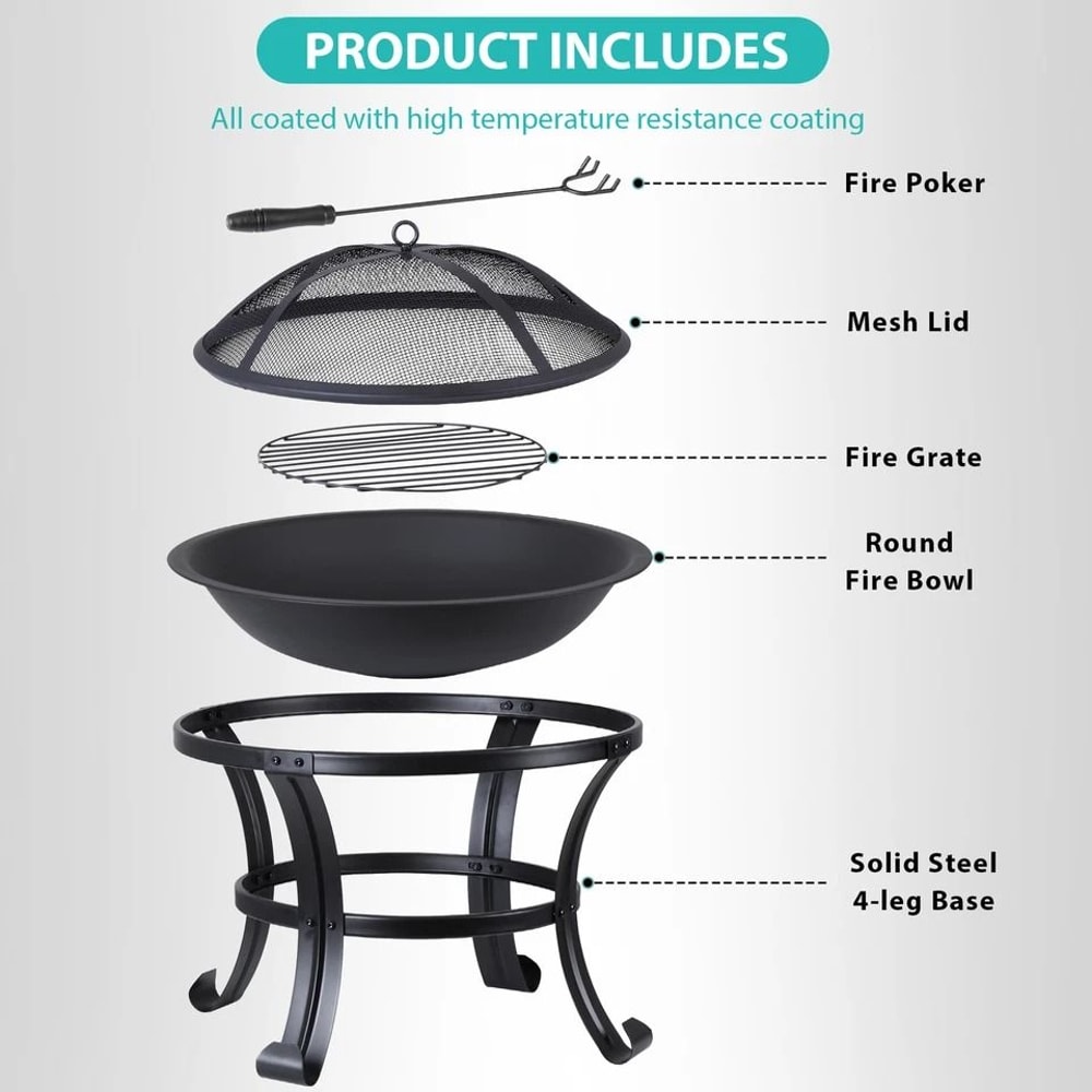 Backyard Fire Pit Outdoor Wood Burning With Mesh Lid Fire Picker Perfect For BBQ Cozy Metal Fire Bo 8