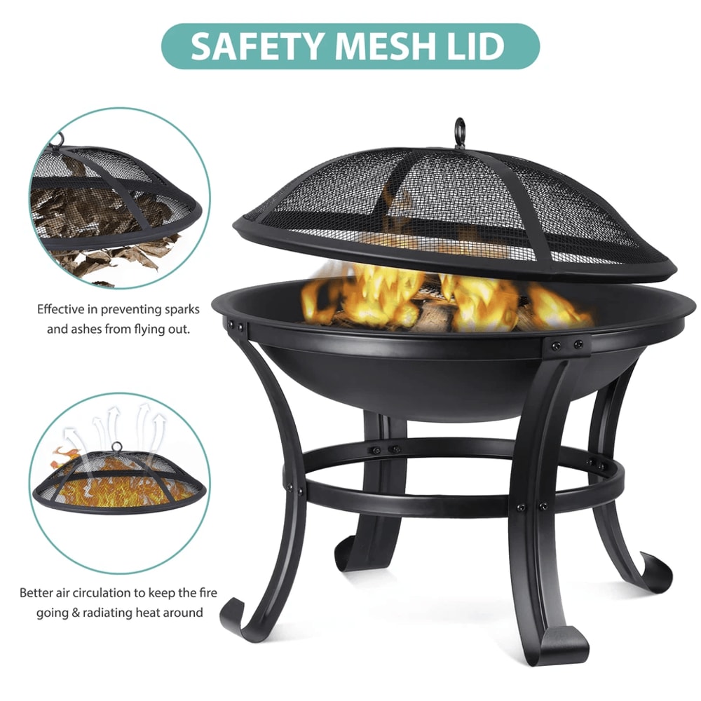 Backyard Fire Pit Outdoor Wood Burning With Mesh Lid Fire Picker Perfect For BBQ Cozy Metal Fire Bo 9