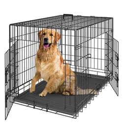 folding dog crate, metal dog cage with tray pan, doors, black pet kennel