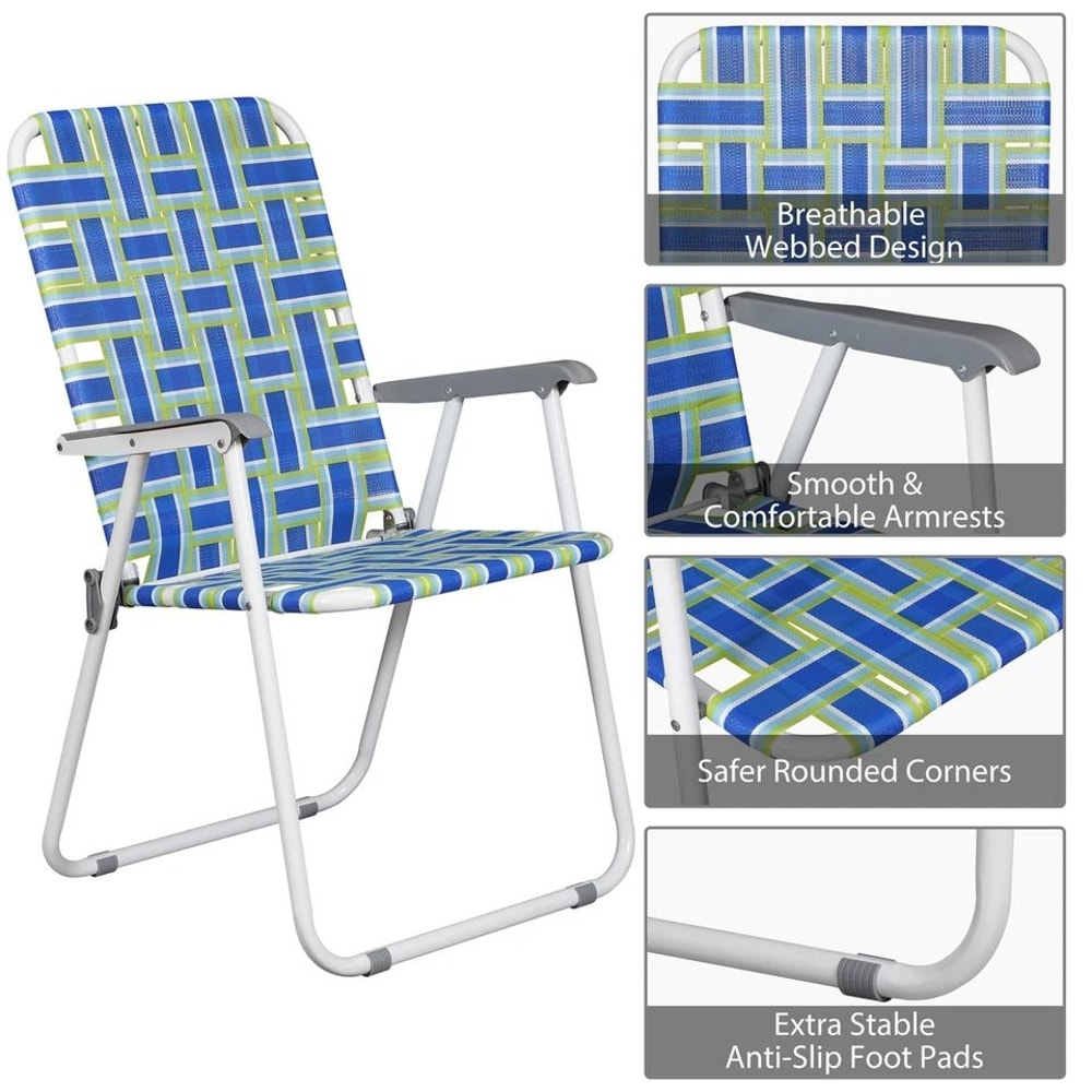 Outdoor Webbed Lawn Chair Patio Folding Beach Chairs Steel Frame Lightweight Comfortable Breathable 3