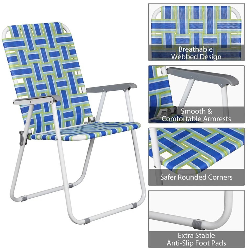 Outdoor Webbed Lawn Chair Patio Folding Beach Chairs Steel Frame Lightweight Comfortable Breathable 3
