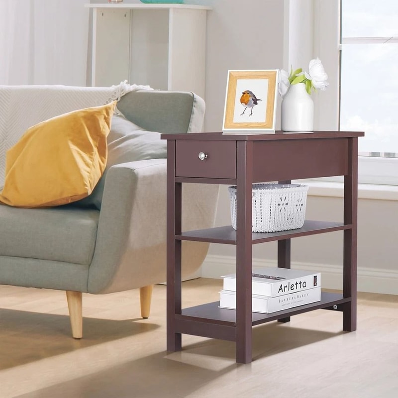 Narrow End Table Tier Side Table With Drawer And Shelf Brown MDF Pine Wood Ideal For Living Room Or 2