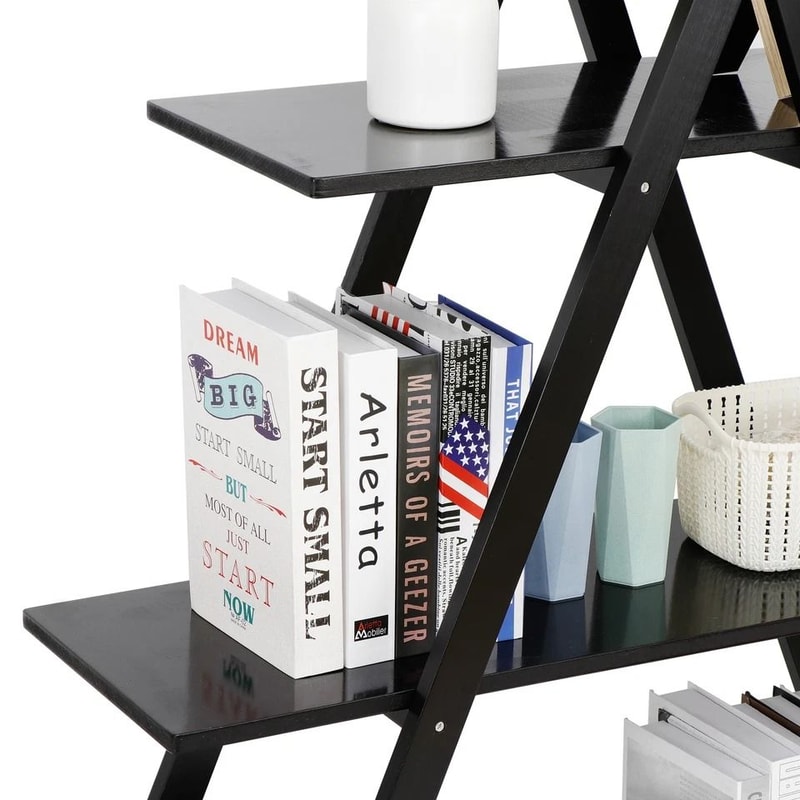 Wooden Ladder Bookcase Tier AFrame Bookshelf Black Open Shelf Display Modern Storage Solution For H 1