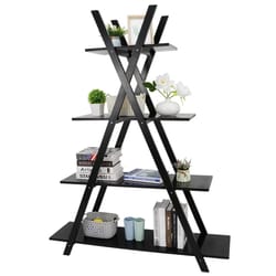 wooden ladder bookcase, tier a-frame bookshelf, black open shelf display, modern storage solution for home and office