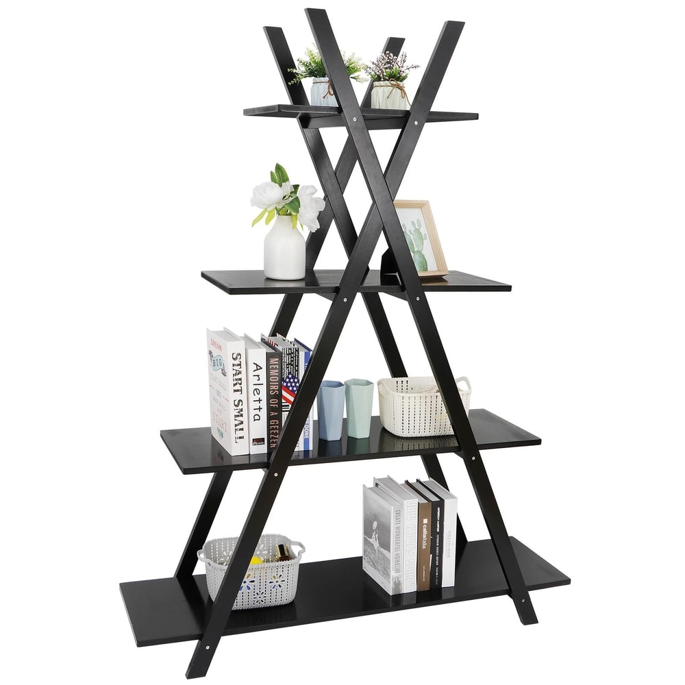 Wooden Ladder Bookcase Tier AFrame Bookshelf Black Open Shelf Display Modern Storage Solution For H 8