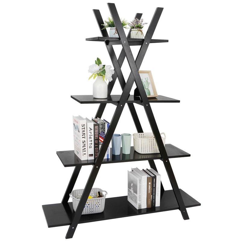 Wooden Ladder Bookcase Tier AFrame Bookshelf Black Open Shelf Display Modern Storage Solution For H 8