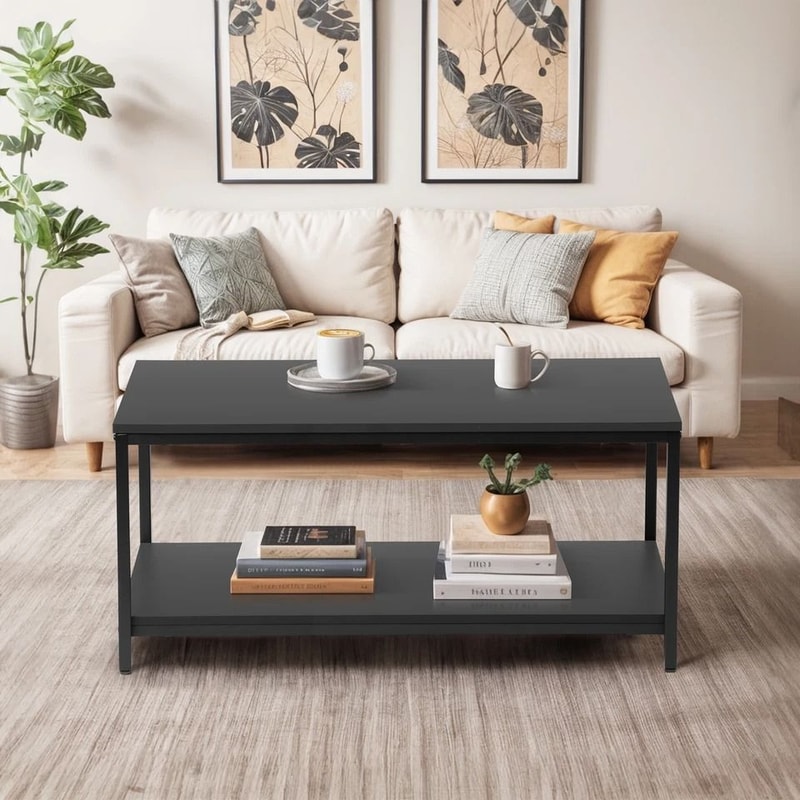 Black Side End Table With Storage Shelf Tier Coffee Table Rectangle TV Stand For Bedroom Living Roo