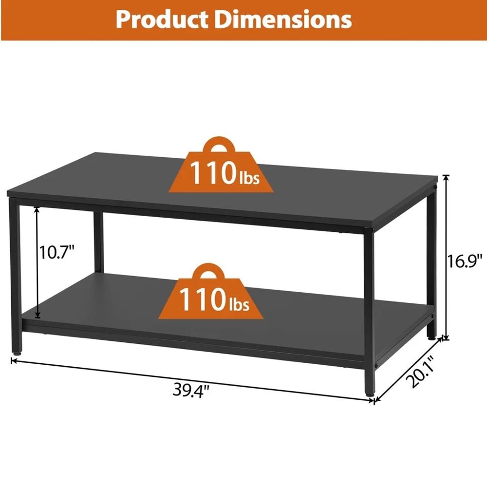 Black Side End Table With Storage Shelf Tier Coffee Table Rectangle TV Stand For Bedroom Living Roo