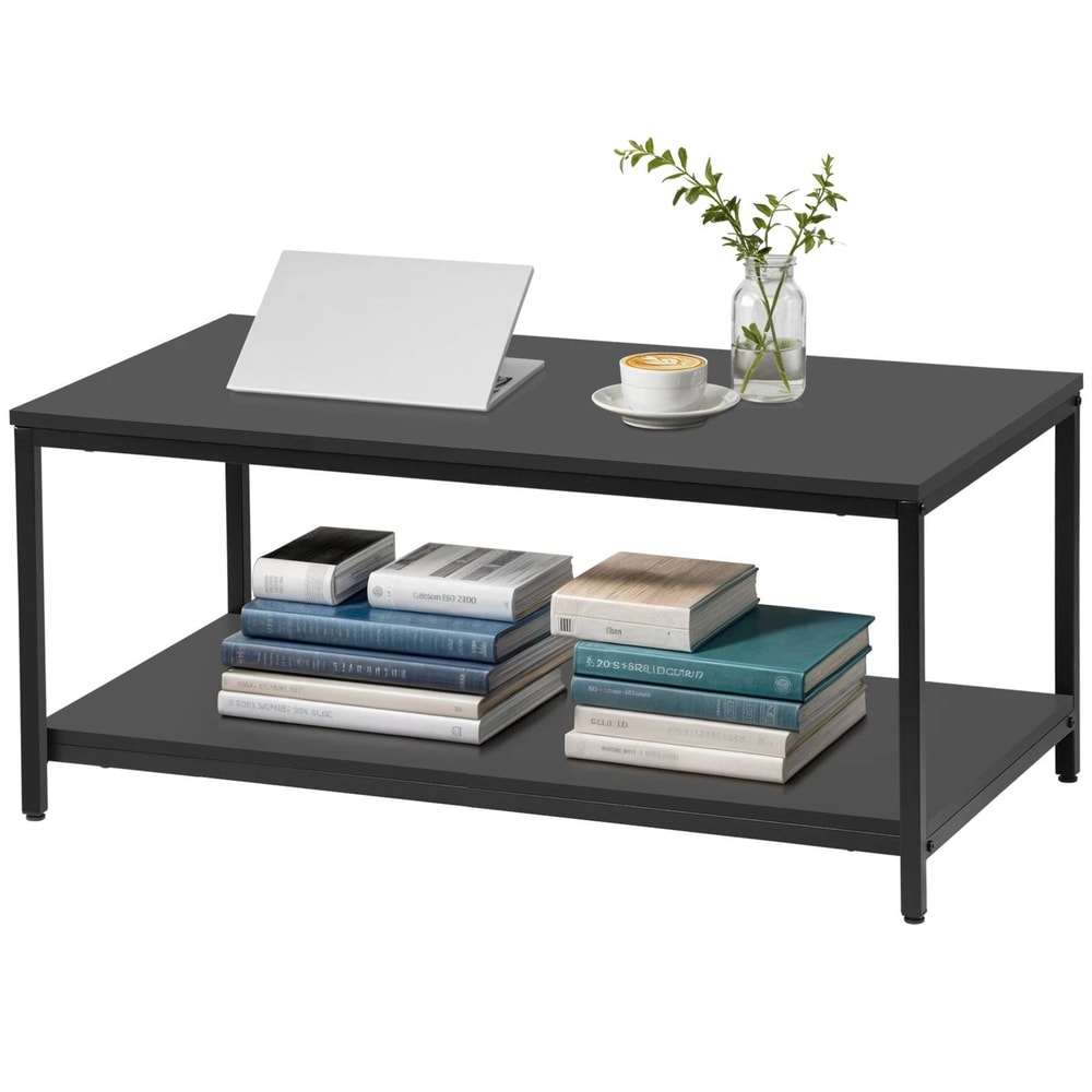 Black Side End Table With Storage Shelf Tier Coffee Table Rectangle TV Stand For Bedroom Living Roo