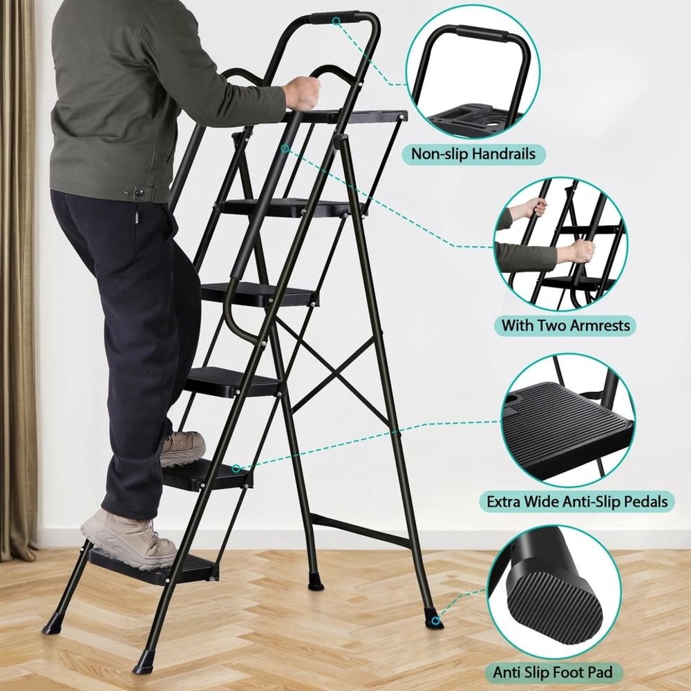 Ladder With Handrails AntiSlip Pedal Tool Tray Foldable Design Black Ideal For Home And Office 2