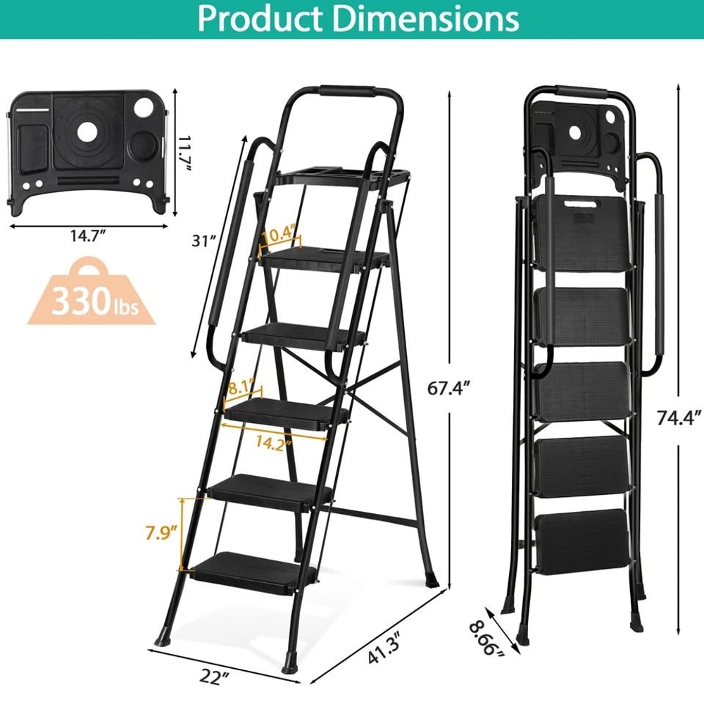 Ladder With Handrails AntiSlip Pedal Tool Tray Foldable Design Black Ideal For Home And Office 10
