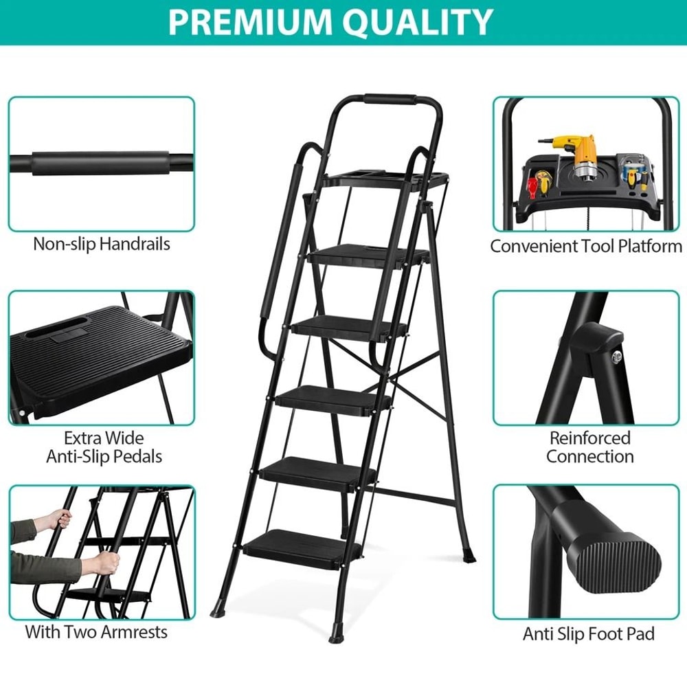 Ladder With Handrails AntiSlip Pedal Tool Tray Foldable Design Black Ideal For Home And Office 11