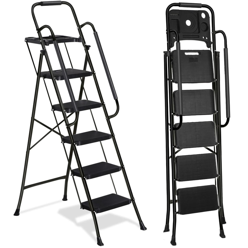 Ladder With Handrails AntiSlip Pedal Tool Tray Foldable Design Black Ideal For Home And Office 1