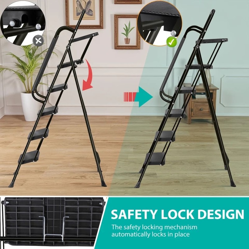 Ladder With Handrails AntiSlip Pedal Tool Tray Foldable Design Black Ideal For Home And Office 3