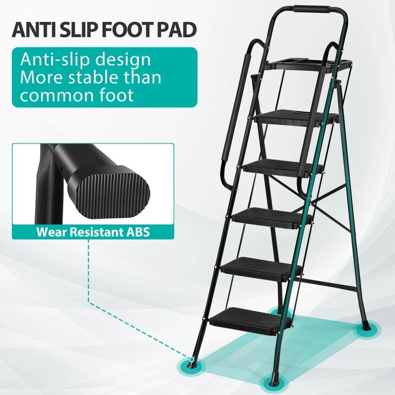 Ladder With Handrails AntiSlip Pedal Tool Tray Foldable Design Black Ideal For Home And Office 4