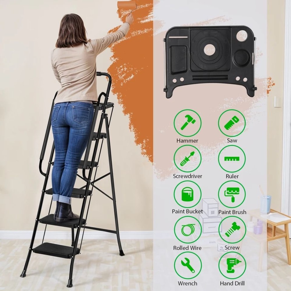 Ladder With Handrails AntiSlip Pedal Tool Tray Foldable Design Black Ideal For Home And Office 5