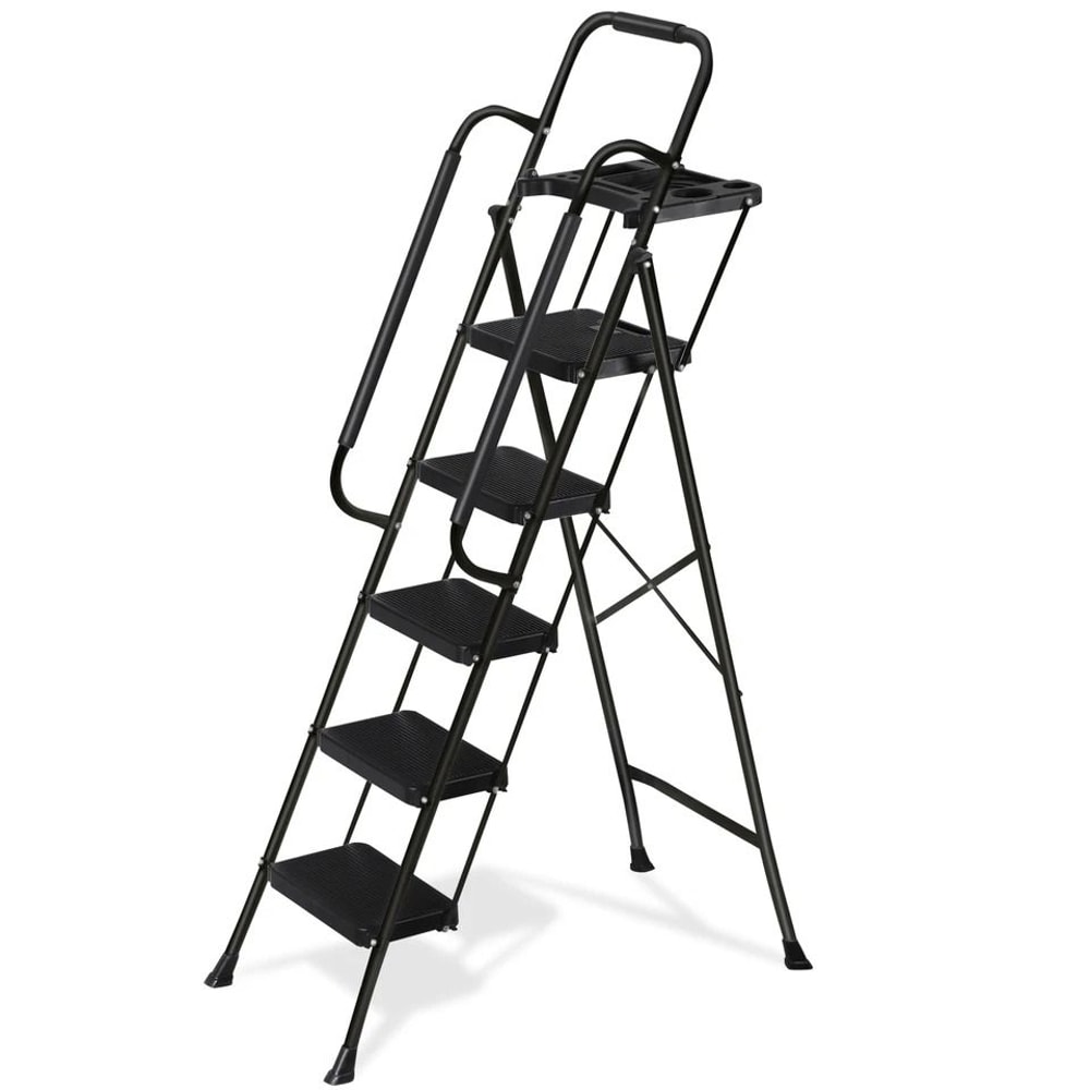 Ladder With Handrails AntiSlip Pedal Tool Tray Foldable Design Black Ideal For Home And Office 8