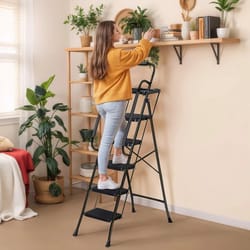 ladder with handrails, anti-slip pedal, tool tray, foldable design, black, ideal for home and office