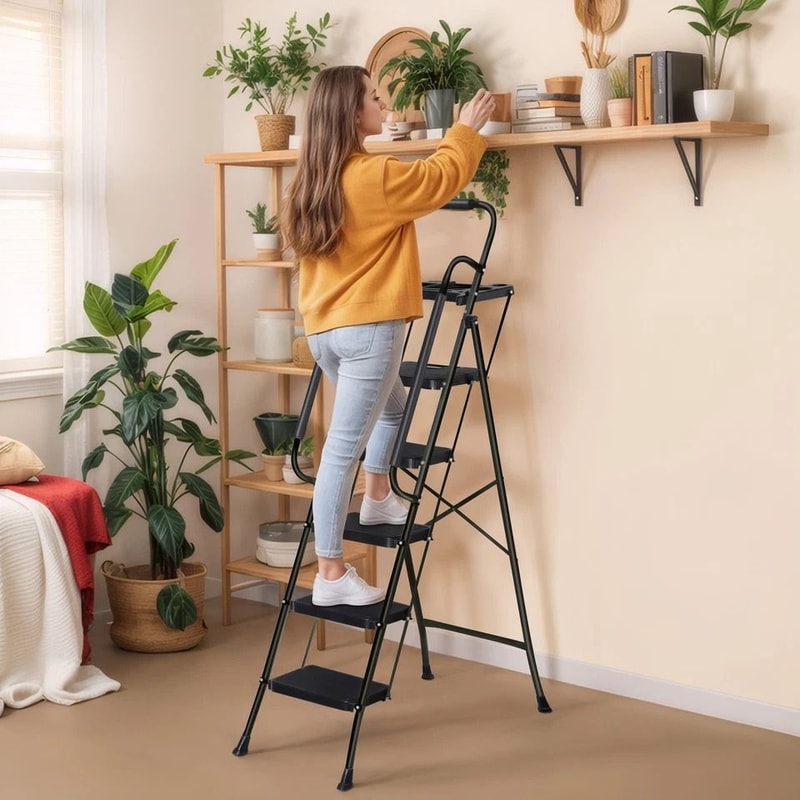 Ladder With Handrails AntiSlip Pedal Tool Tray Foldable Design Black Ideal For Home And Office 0