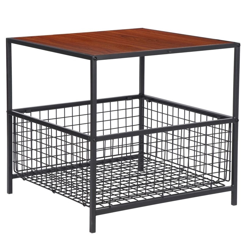 Red Mahogany Side Table With Storage Basket Coffee Table With Metal Frame Multifunctional End Table 1