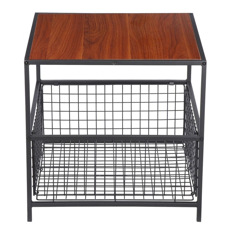 Red Mahogany Side Table With Storage Basket Coffee Table With Metal Frame Multifunctional End Table 2