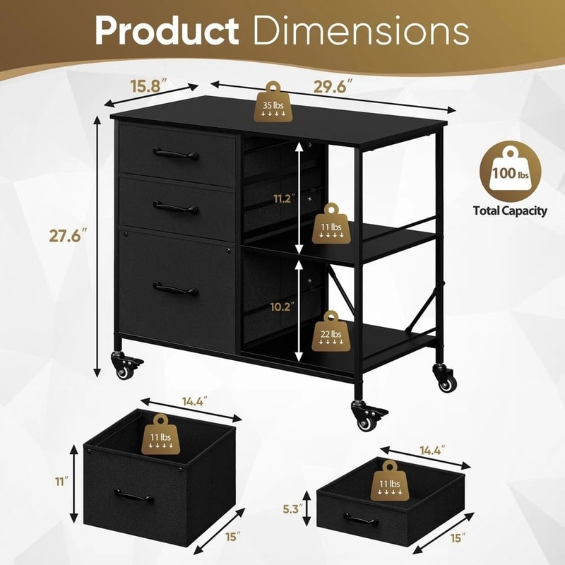 Mobile File Cabinet With Drawers And Open Storage Shelf Rolling Printer Stand In Black 3