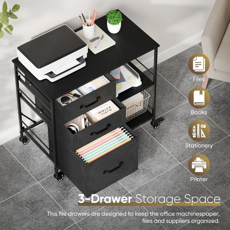 Mobile File Cabinet With Drawers And Open Storage Shelf Rolling Printer Stand In Black 4