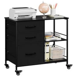 mobile file cabinet with drawers and open storage shelf, rolling printer stand in black