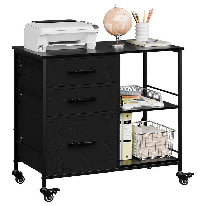 Mobile File Cabinet With Drawers And Open Storage Shelf Rolling Printer Stand In Black 0
