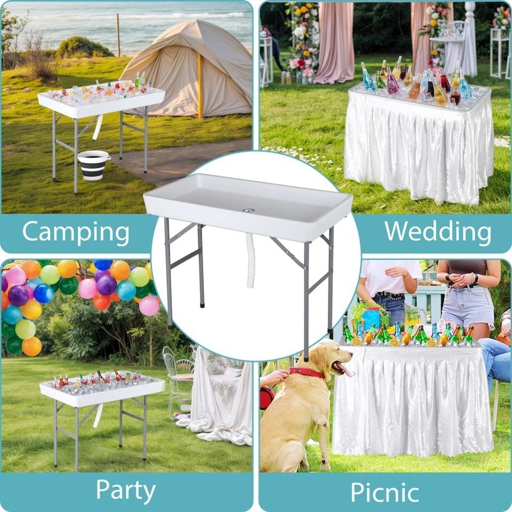 Outdoor Folding Table Party Ice Cooler With Bucket Portable Table White Removable Skirt For Outdoor 2