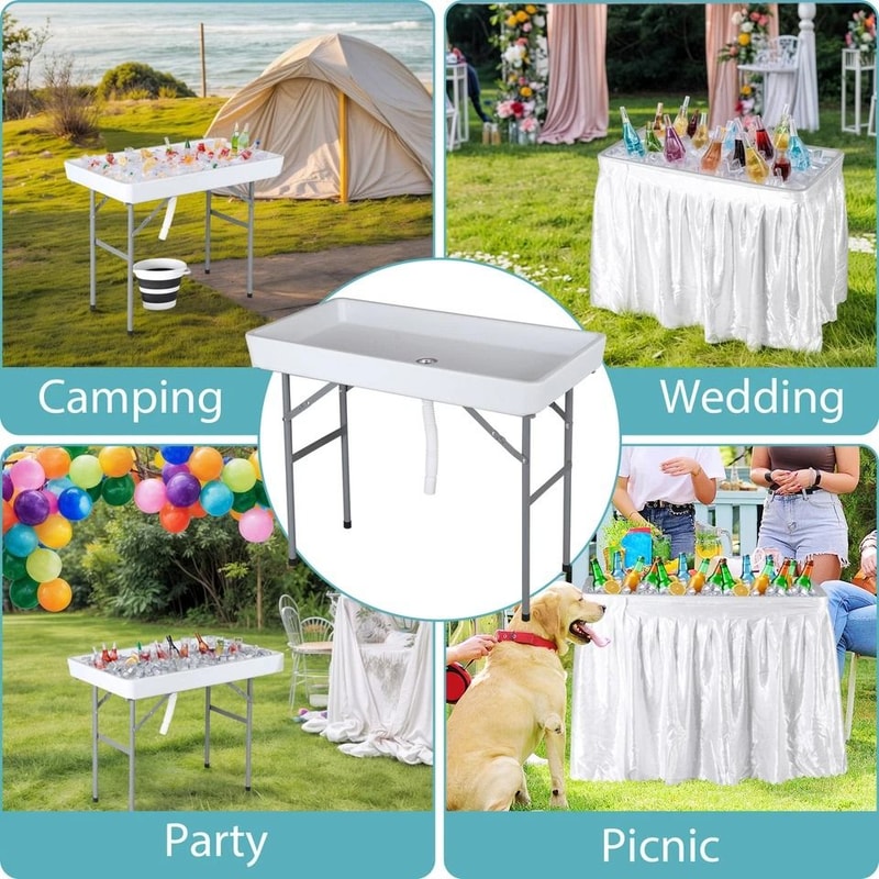 Outdoor Folding Table Party Ice Cooler With Bucket Portable Table White Removable Skirt For Outdoor 2