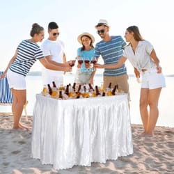 outdoor folding table, party ice cooler with bucket, portable table white, removable skirt for outdoor gatherings