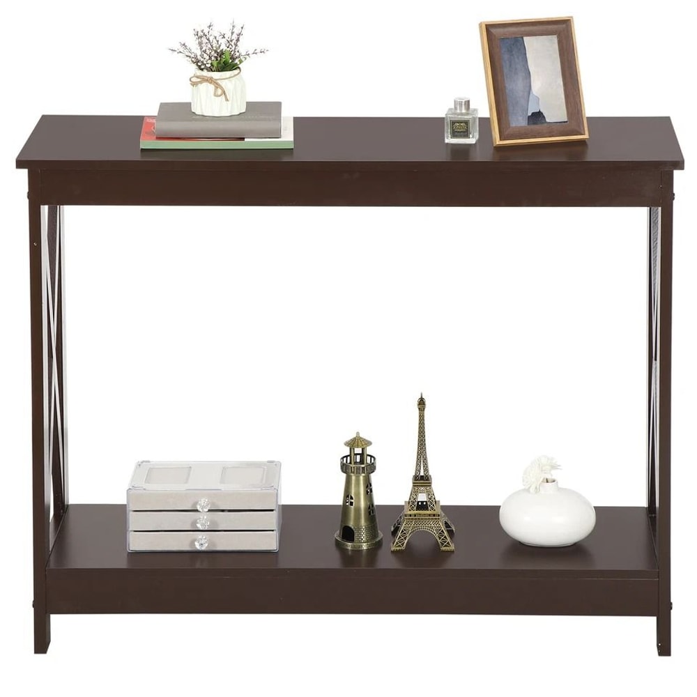 Sofa Side Table Tier Console Table With Large Storage Shelf For Entryway Hallway Brown XShape MDF F 1