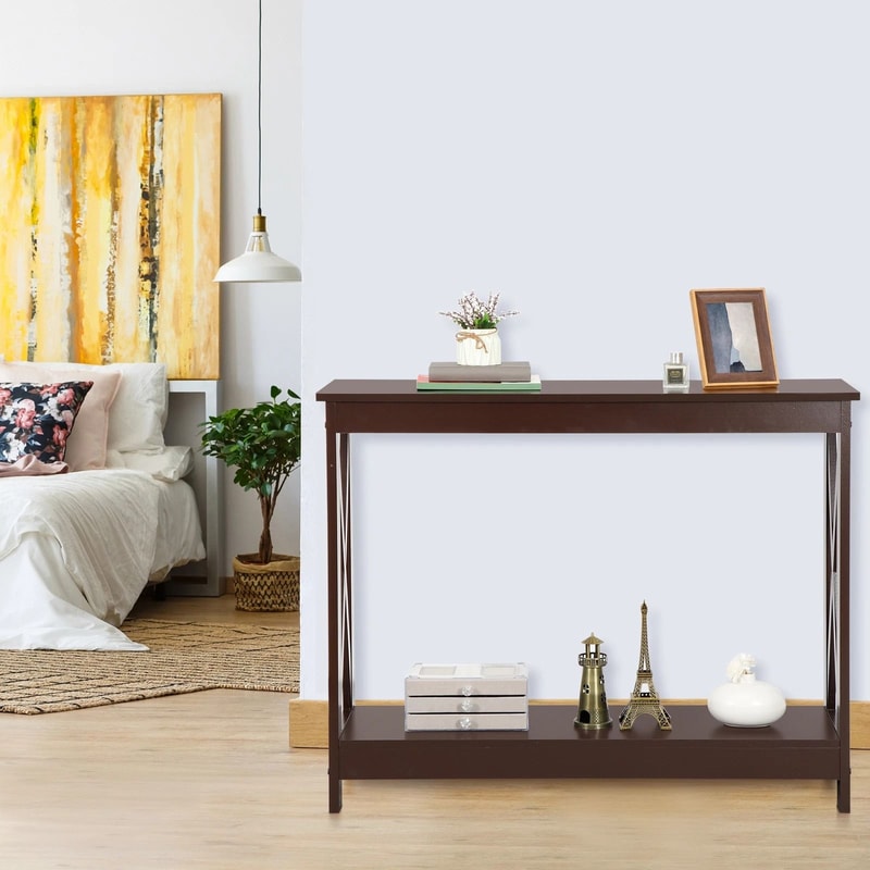 Sofa Side Table Tier Console Table With Large Storage Shelf For Entryway Hallway Brown XShape MDF F 8