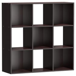 wooden bookshelf display, cube storage organizer, removable back panel, brown