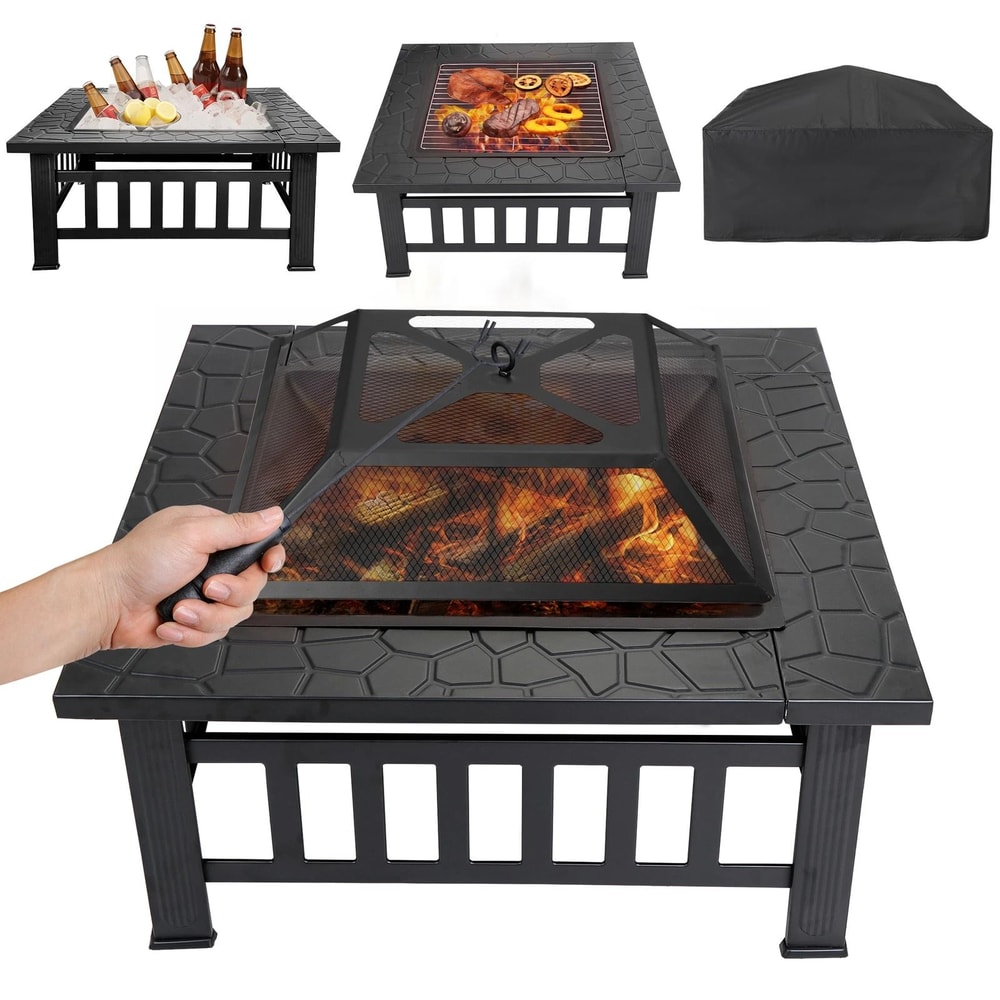 Square Fire Pit Wood Burning Backyard Patio Stove Heater Fire Pit Fireplace Outdoor Charcoal Grill 13