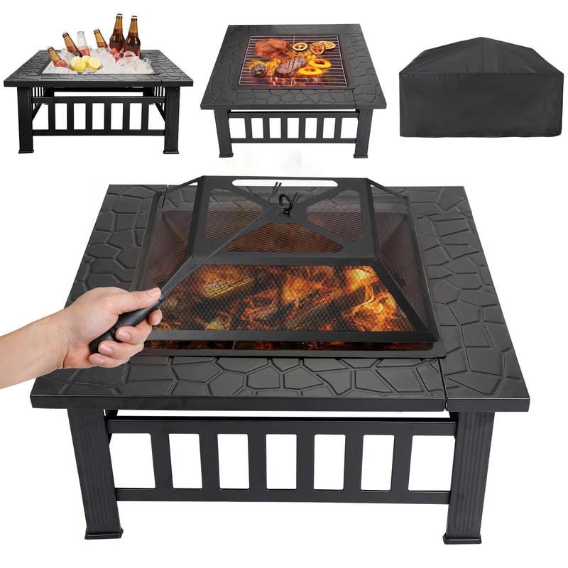 Square Fire Pit Wood Burning Backyard Patio Stove Heater Fire Pit Fireplace Outdoor Charcoal Grill 13
