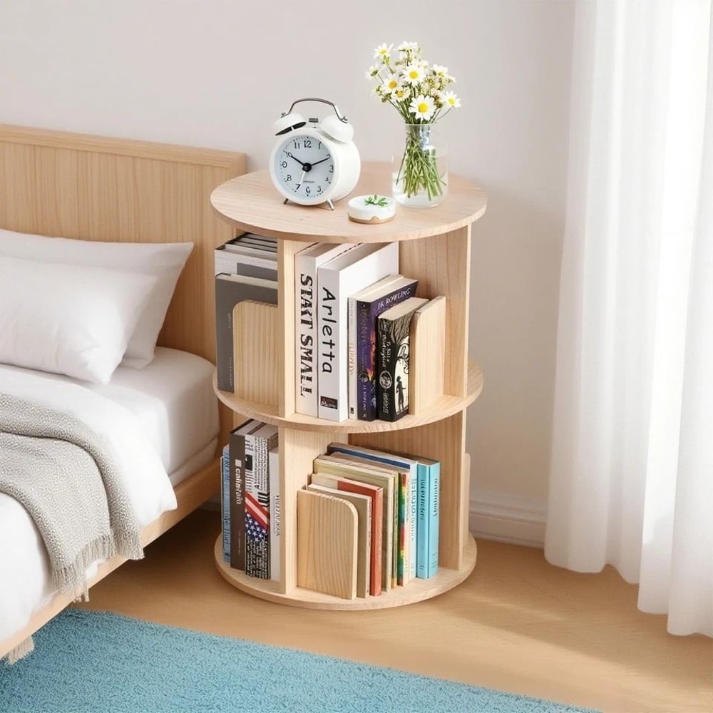 Rotating Bookshelf Display Corner Bookcase Floor Standing Pine Wood Shelf Smooth Rotation 1