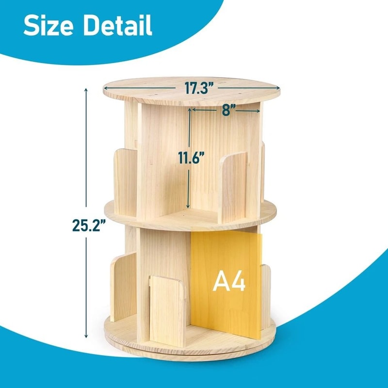Rotating Bookshelf Display Corner Bookcase Floor Standing Pine Wood Shelf Smooth Rotation 2