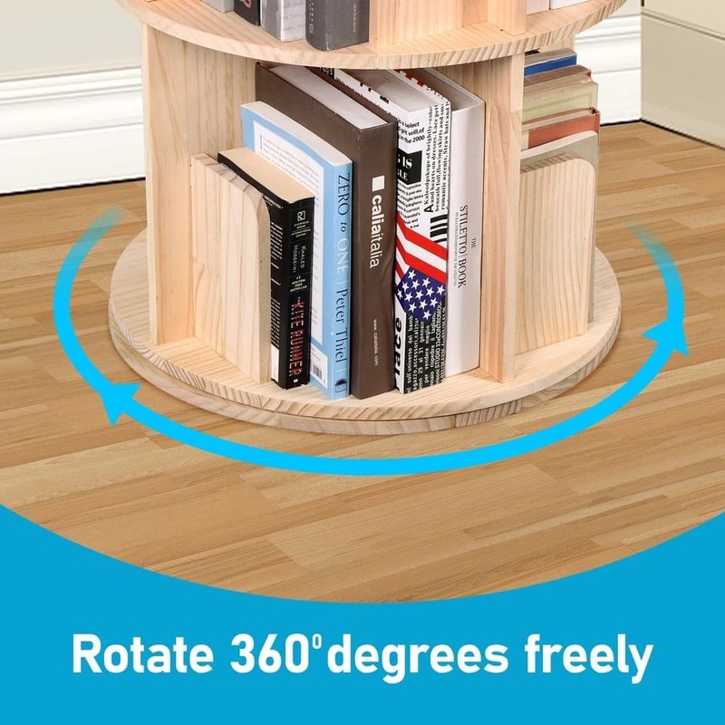 Rotating Bookshelf Display Corner Bookcase Floor Standing Pine Wood Shelf Smooth Rotation 3