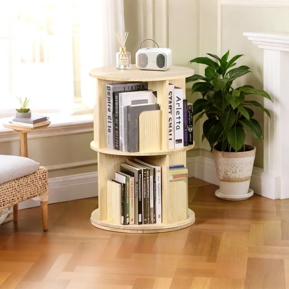 Rotating Bookshelf Display Corner Bookcase Floor Standing Pine Wood Shelf Smooth Rotation 8