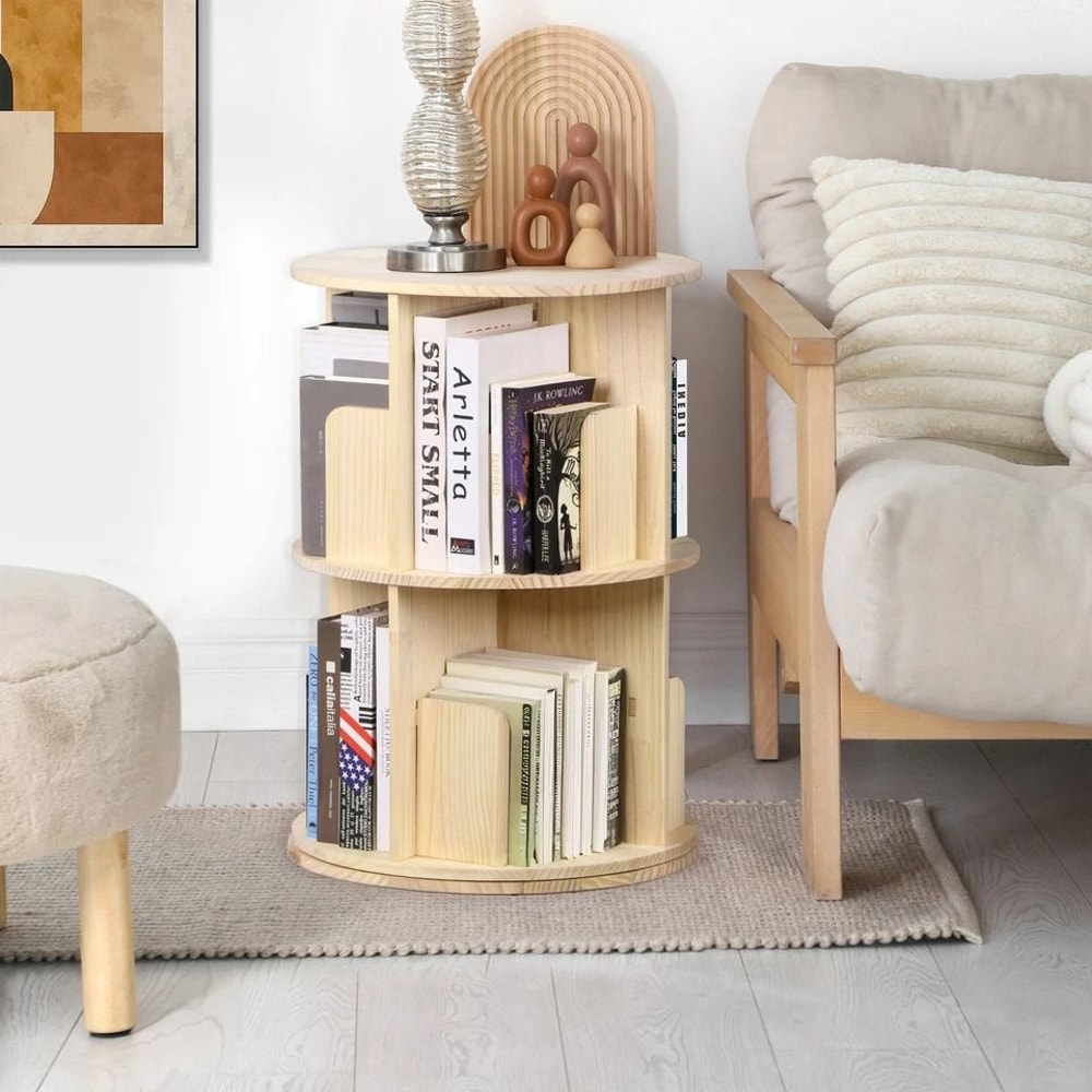Rotating Bookshelf Display Corner Bookcase Floor Standing Pine Wood Shelf Smooth Rotation 11