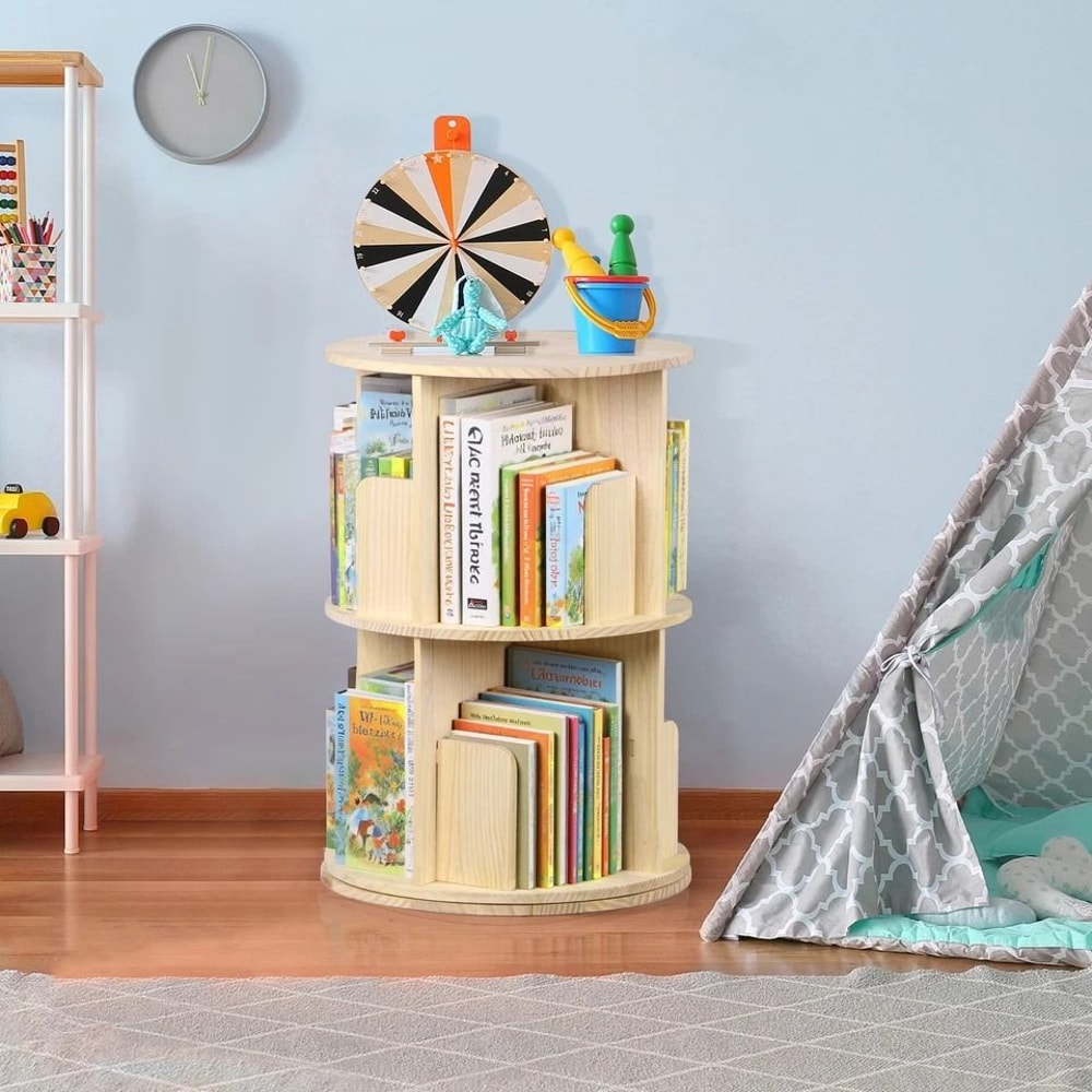 Rotating Bookshelf Display Corner Bookcase Floor Standing Pine Wood Shelf Smooth Rotation 7