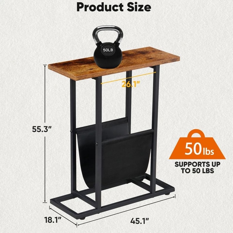 Rustic Brown Small Narrow Side Sofa Table End Table Nightstand Magazine Holder Adjustable Feet For 7
