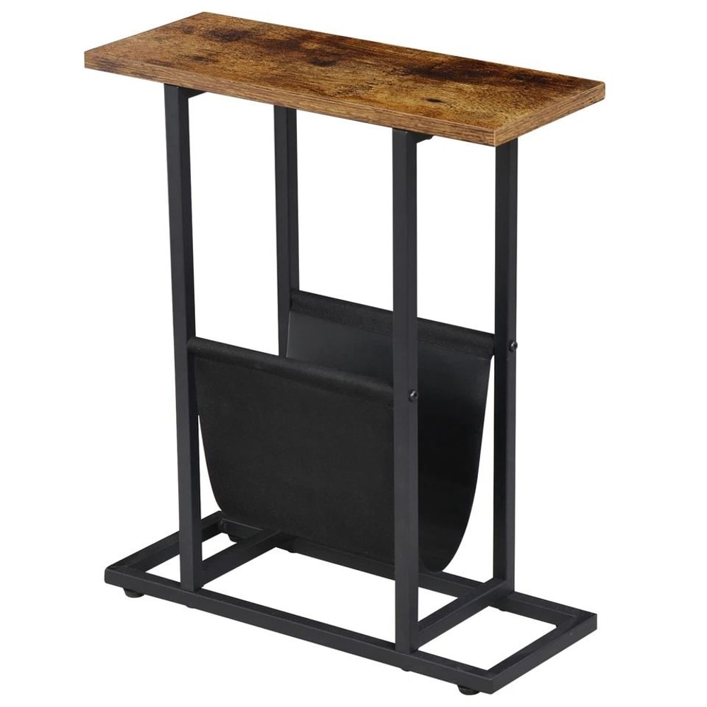 Rustic Brown Small Narrow Side Sofa Table End Table Nightstand Magazine Holder Adjustable Feet For 4