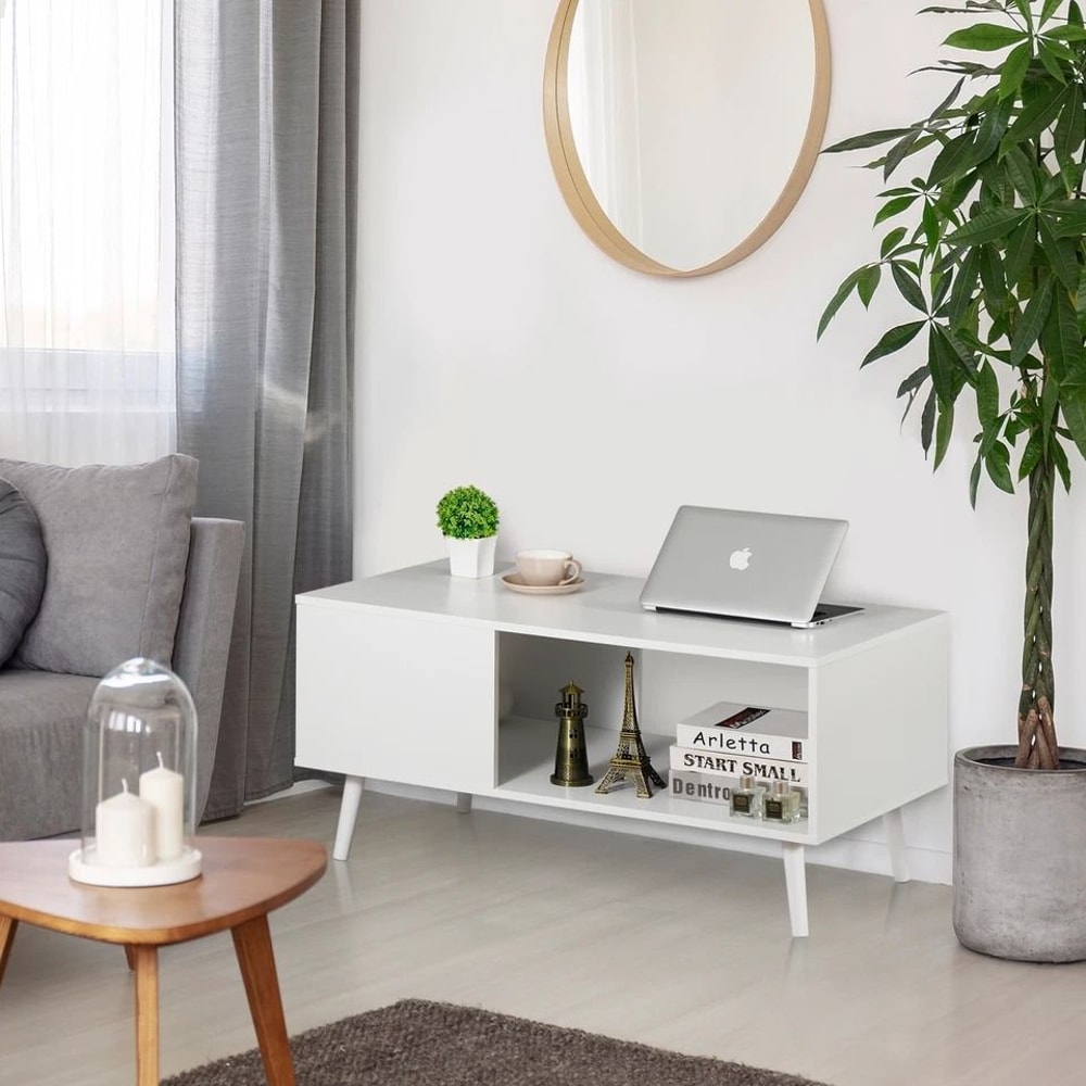 White Wooden Retro Coffee Table Rectangular Open Storage Shelf Large Storage Space For Living Room 4