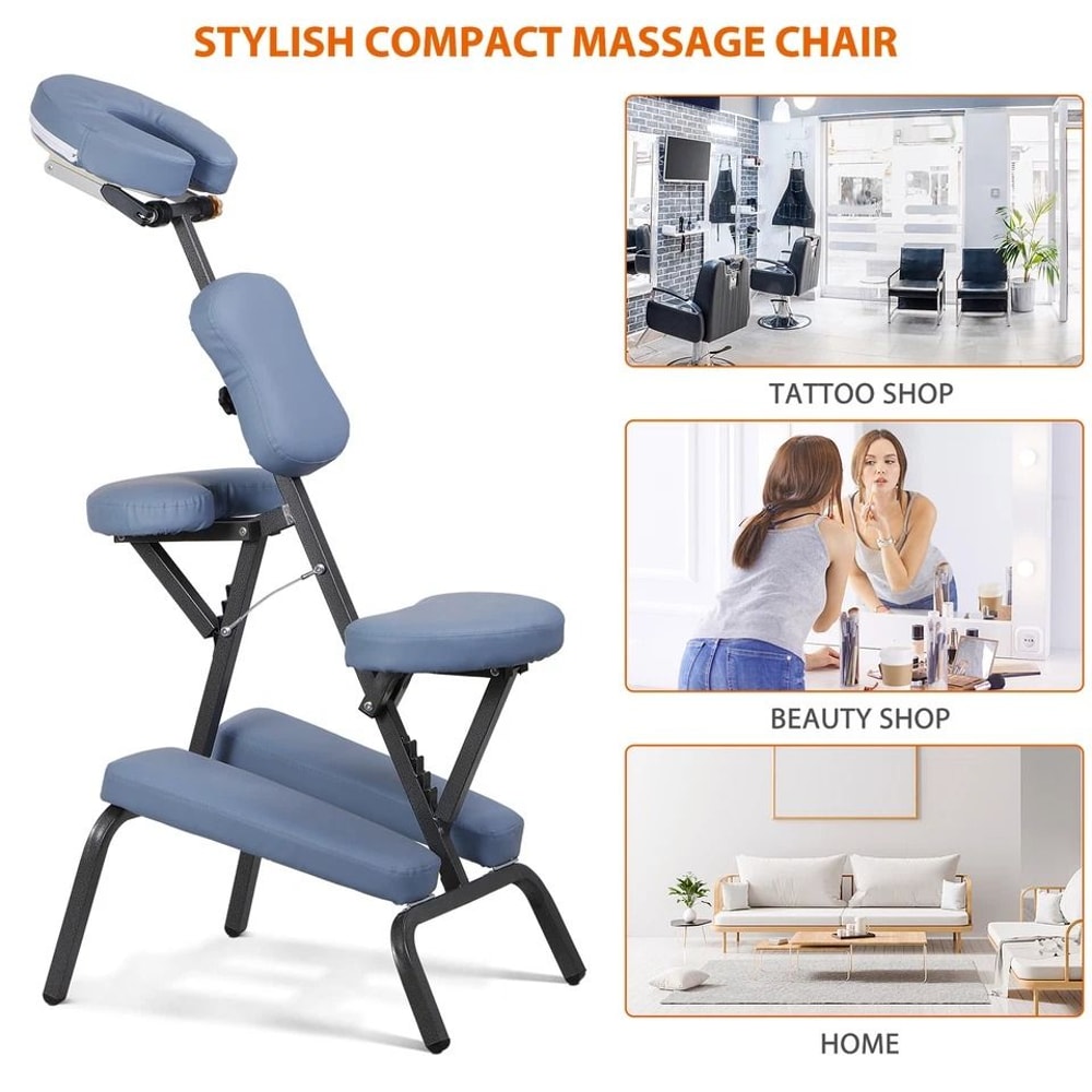 Lightweight Professional Massage Chair Portable Tattoo Chair Blue PU Leather Adjustable Armrest And 2