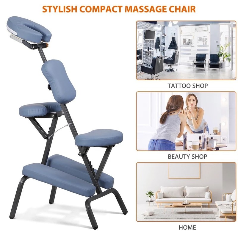 Lightweight Professional Massage Chair Portable Tattoo Chair Blue PU Leather Adjustable Armrest And 2